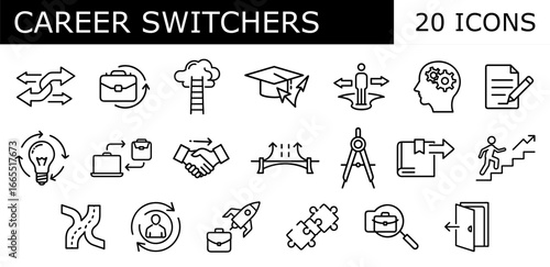 A collection of 20 linear icons for "career switchers" illustrating concepts like professional development, upskilling, new opportunities, and finding a new path.