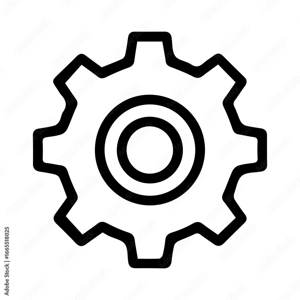 Minimalist gear icon vector illustration. A single cog representing machinery, technology, setup, and progress. Isolated line art symbol on a white background Minimalist gear icon vector illustration. A single cog representing machinery, technology, setup, and progress. Isolated line art symbol on a white background