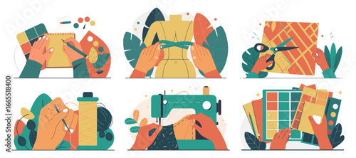 A set of six illustrations showing hands engaged in fashion design and sewing processes, including sketching, measuring, cutting fabric, hand sewing, using a sewing machine, and selecting color swatch