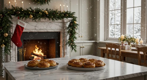 Cozy winter scene with cinnamon rolls by the fire
