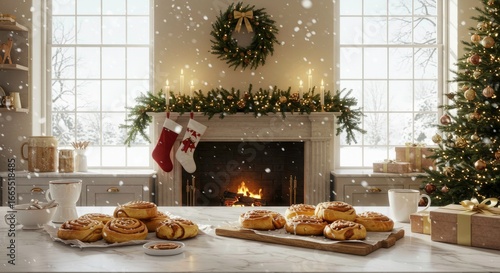 Cozy winter scene with festive decor and baked goods