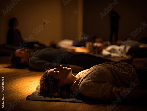 People lying down in a dimmed room, meditating, illuminated by sunlight