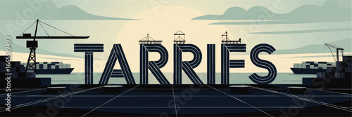 Shipping Tariffs Concept Illustration with Cargo Ships, Containers and Cranes at Port Under Sunset – Trade and Import Export Business