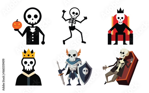 Vector art of collection of six cartoon skeletons in various poses and costumes, including a king, warrior, and one holding a pumpkin