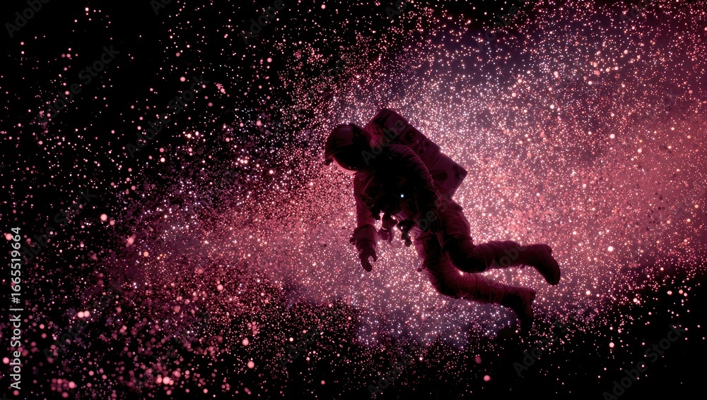 Fototapeta premium Astronaut floats in space, surrounded by vibrant red and white nebulae