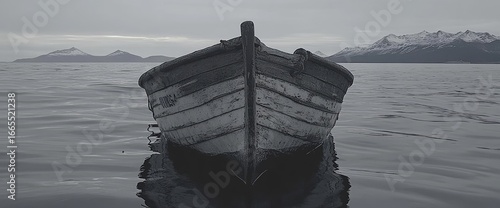 Lonely, wooden boat in the dark, calm water, reflecting the boat. Distant mountains visible