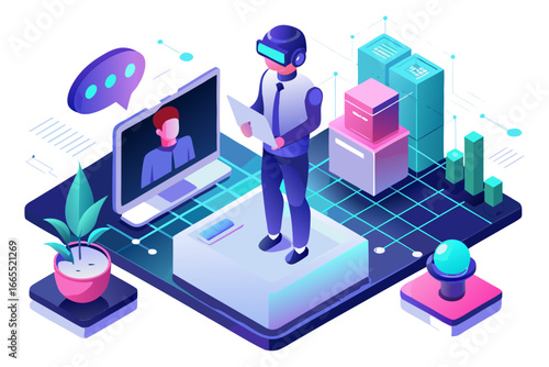 Futuristic VR business meeting in the metaverse, illustrating virtual team collaboration, conferences, and remote work. Ideal for content on the future of technology and work.