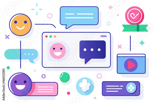 An illustration of social media and digital communication. It features user profiles, chat bubbles, and multimedia icons, perfect for content on online community and feedback.