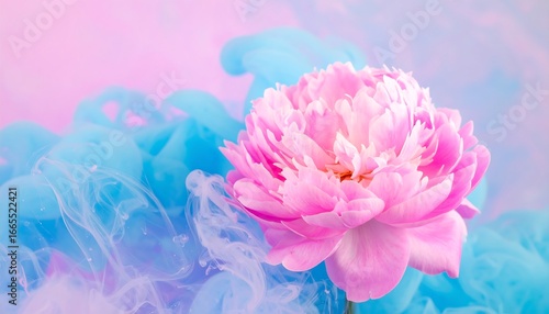 Fototapeta Naklejka Na Ścianę i Meble -  A delicate pink peony blossoms amidst a swirling display of pastel blue and pink hues.