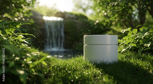 Skincare plain no brad jar mockup placed near a small waterfall in lush greenery.