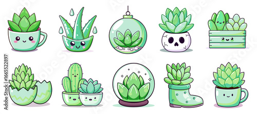 A collection of cute, cartoon succulent illustrations. Each plant has a happy face in a stylish pot, perfect for topics on gardening, houseplants, and nature.