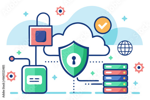 An illustration of cybersecurity and data protection. It features a shield, cloud, and server rack to represent secure networks, safe cloud computing, and encrypted data.