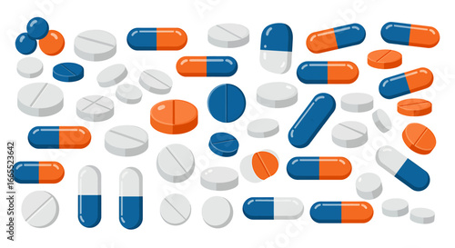 Collection of various pills and capsules in different colors.