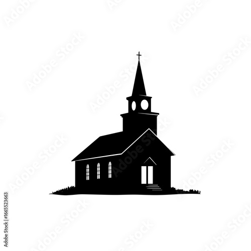 Classic church silhouette with steeple and arched windows, vector illustration
