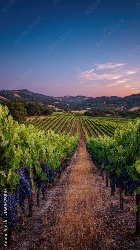 Fototapeta premium Vineyard rows stretch to distant hills under a colorful dusk sky