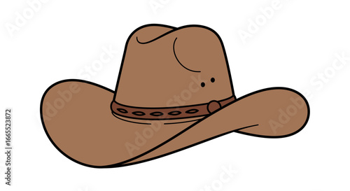 A cartoon illustration of a brown cowboy hat with a decorative band.
