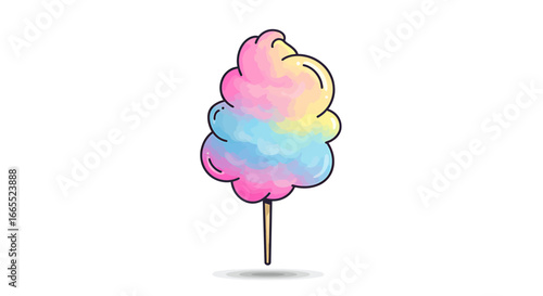 Illustration of colorful cotton candy on a stick, featuring pink, blue, and yellow hues against a plain white background.