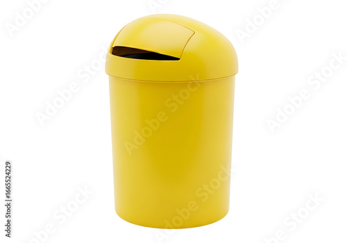 A bright yellow, round trash can with a rounded lid is shown against a black background.