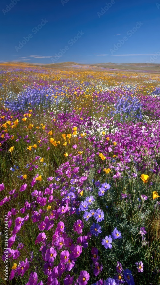 Fototapeta premium Colorful wildflowers bloom across a vibrant, sunny meadow under a blue sky