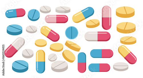 An assortment of colorful pills and capsules, including blue, red, yellow, and white, scattered across a white background.