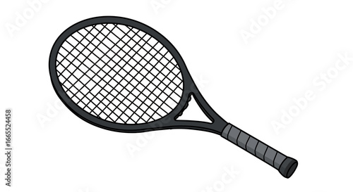 A black tennis racket with a stringed net and a textured grip, isolated on a white background.