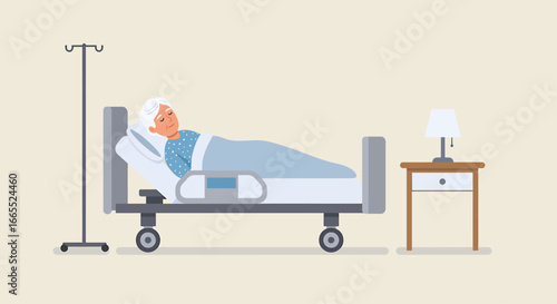 Elderly woman lying in a hospital bed with an IV stand and a bedside table with a lamp.