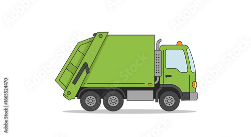 Side view of a simple, cartoon-style green garbage truck.