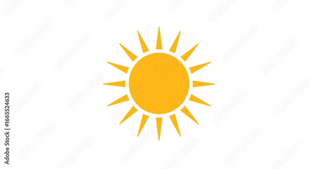 Fototapeta premium A simple, stylized yellow sun icon with radiating rays, isolated on a white background.