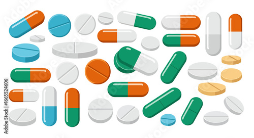 A collection of various colorful pills and capsules, illustrating pharmaceutical medications for healthcare.