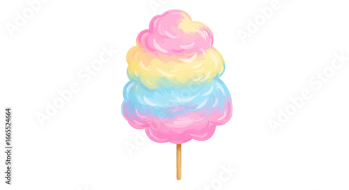 Illustration of colorful cotton candy on a stick, featuring pink, yellow, and blue hues, isolated on a white background.