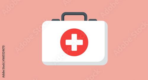 A white first aid kit with a red cross symbol, centered on a pink background.