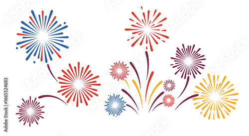 Colorful fireworks illustration with red, blue, orange, and purple bursts on a white background, creating a festive and celebratory atmosphere.