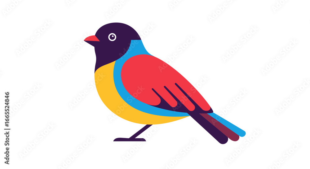 Obraz premium Colorful stylized bird illustration with vibrant plumage, standing on white background.