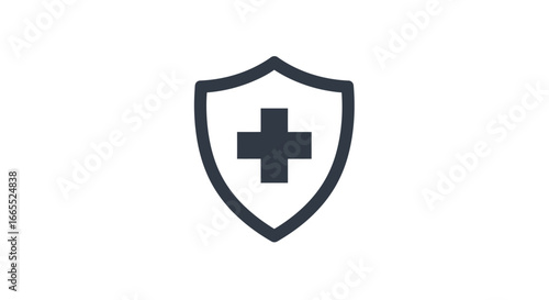 Simple graphic of a shield with a cross, symbolizing health and protection.