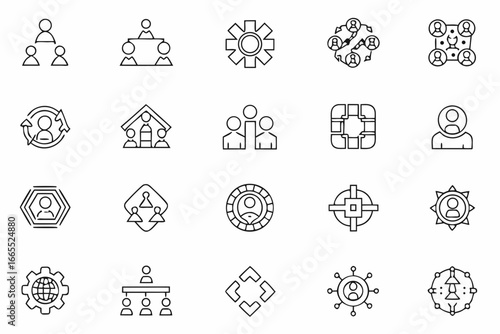Diverse abstract icons representing teamwork, connection, and organizational structure for modern business and technology projects, conveying collaboration and unity.