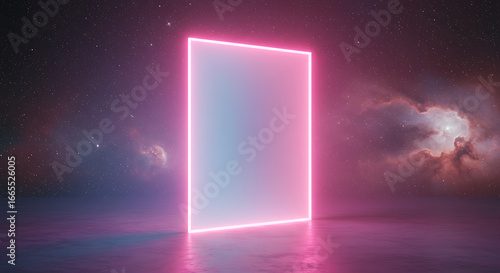 A Portal to the Cosmos: Neon Frame Illuminates a Starry Galaxy, Blending Technology and Nature in an Enchanting Sci-Fi Dreamscape