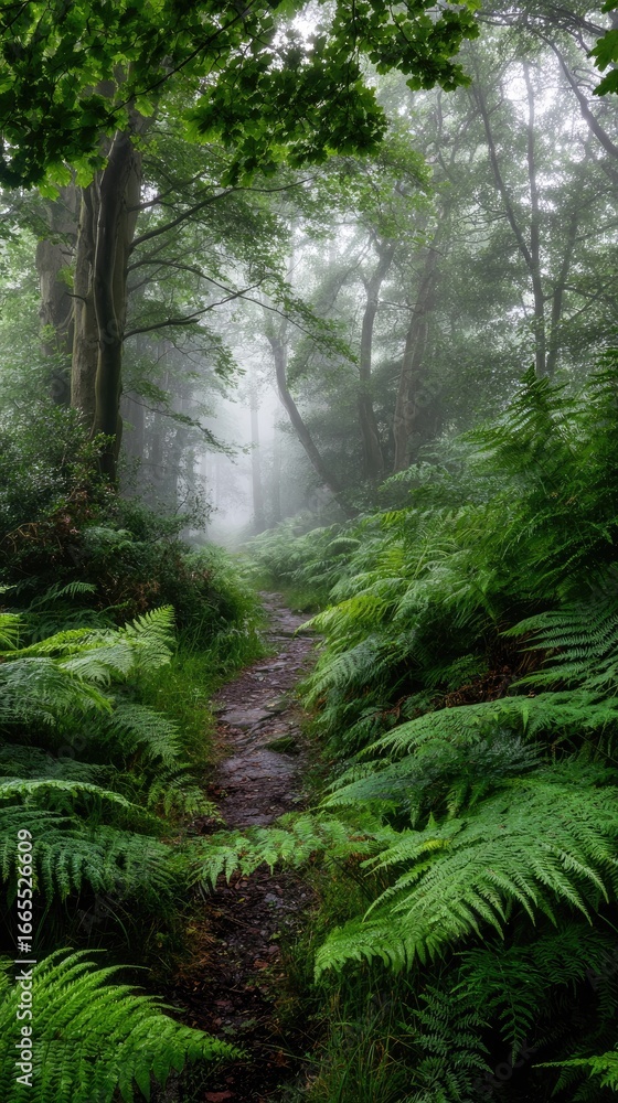 Fototapeta premium Misty forest path with lush ferns and tall trees. Atmospheric woodland scene