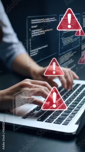 Hands Typing Code on Laptop with Cybersecurity Warning Alerts and Holographic Interface