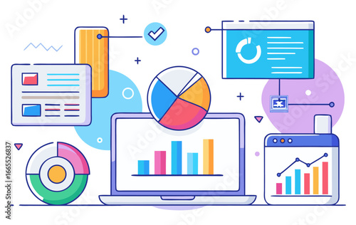 An illustration of a team working together on a laptop, surrounded by plants and office accessories. It represents teamwork, remote collaboration, and a positive work environment.