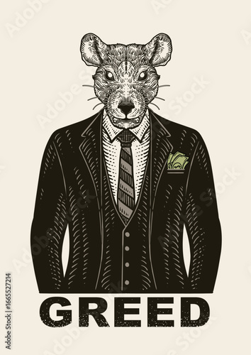Satirical illustration of a rat's head on a human body in a formal suit with a tie and money in the pocket.