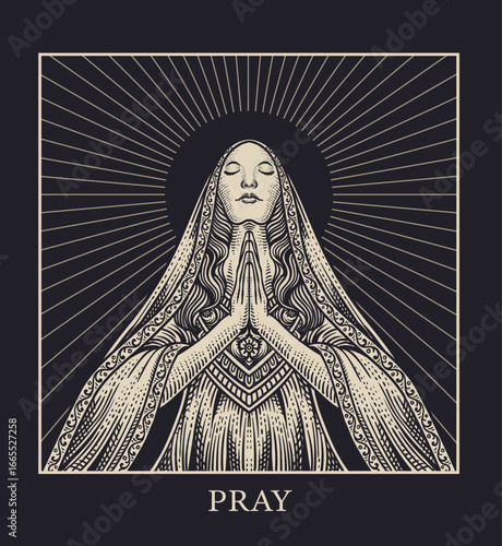 Woman in Prayer with Halo and PRAY Text Vector Illustration