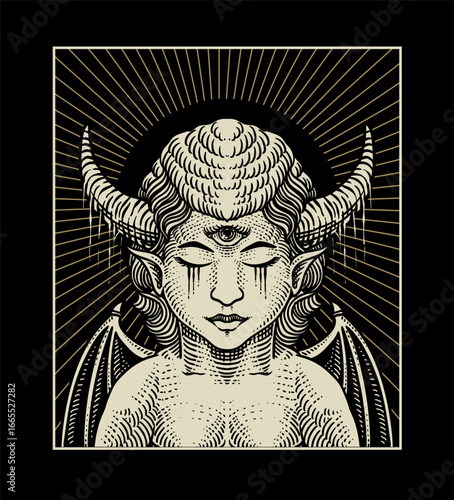 Illustration of Mystical Third Eye Demon with Radiant Horned Presence
