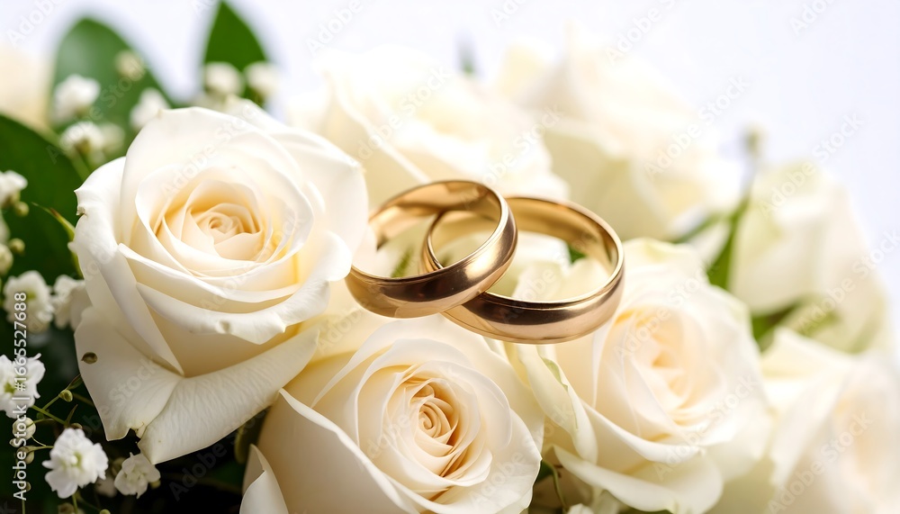 Obraz premium Wedding rings with white roses bouquet.