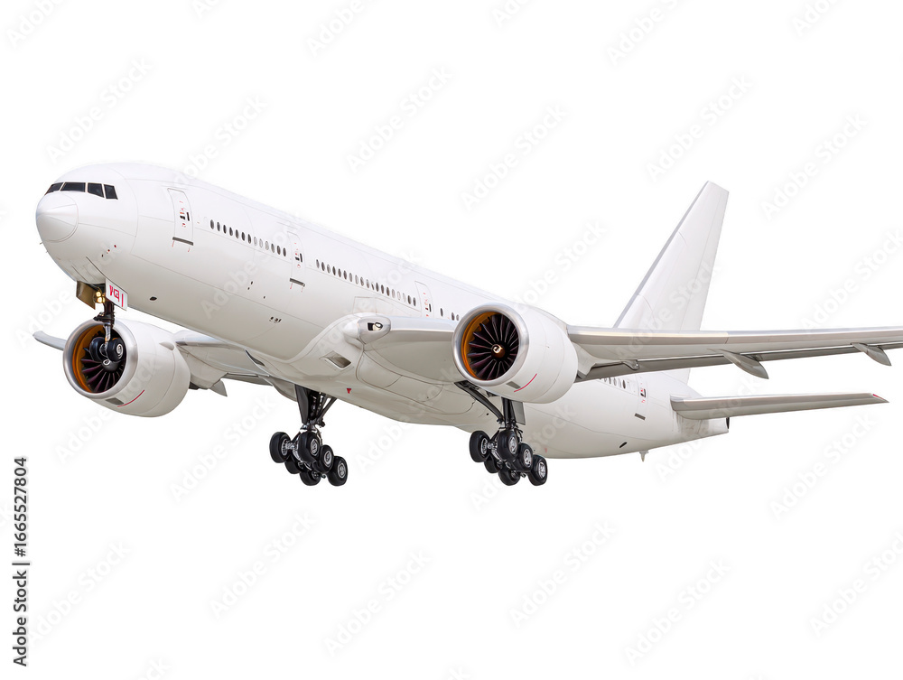 Obraz premium Large white passenger airplane commercial jet isolated on transparency background landing gear extended modern aviation travel concept clean design transportation no logo neutral emotion