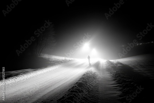 Person stands on snow covered path with bright lights in the misty night