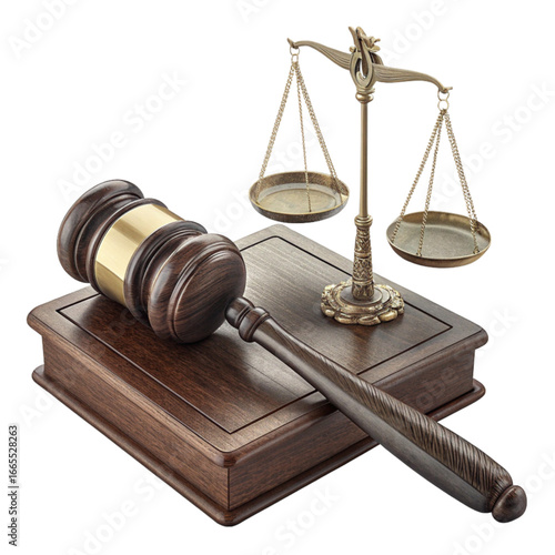 Wooden gavel and scales of justice on a book, symbolizing law, legal proceedings, and courtroom