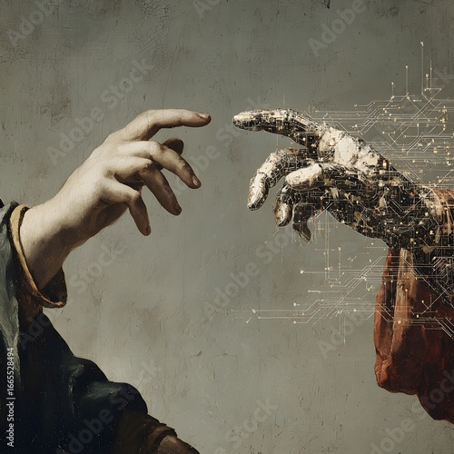 A classical human hand reaches towards a futuristic robotic hand dissolving into digital circuits.