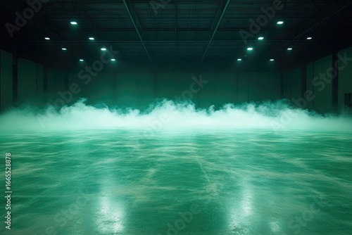 A misty, spacious room with glowing lights and a textured floor, creating an eerie atmosphere