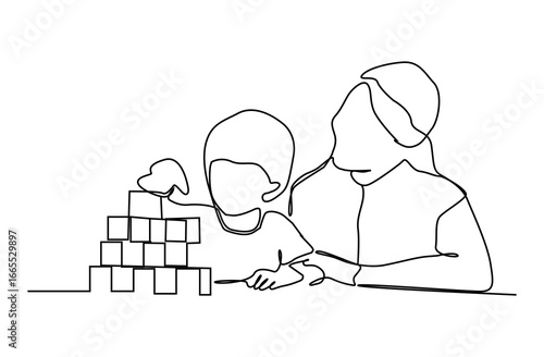 Single continuous line drawing of mother playing block puzzle house with son at home. Happy family parenting concept.