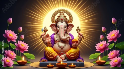 Digital illustration of Ganesha sitting in a meditative pose with pink lotus flowers and candles against a radiant golden background.